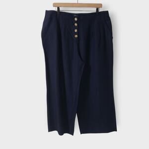Loft Linen Blend Button Front Wide Leg Crop Pants High Rise Navy Blue Large